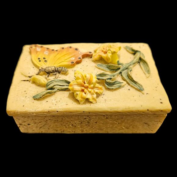 Vintage Resin Trinket Box Butterfly Floral Relief Carved Yellow Beige Rectangle - Picture 3 of 6